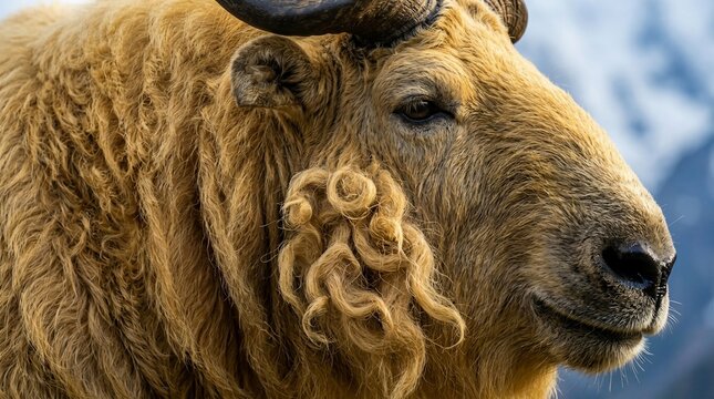 Close-up of a Golden Takins head, showcasing its thick golden-brown fur and distinctive facial features against a blurred natural background.