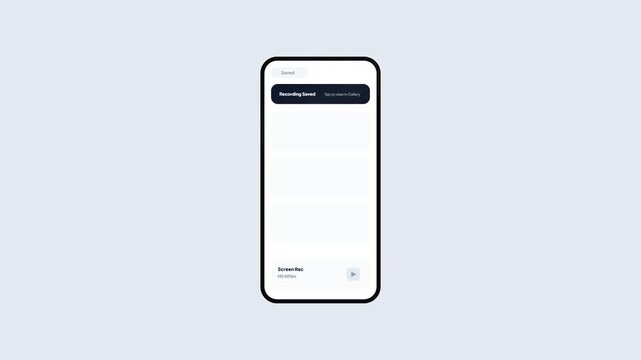 Smartphone Screen Recording Interface Animation with Progress Timer and Success Notification on Isolated White Background for App UI UX Design Mockup 4K High Resolution