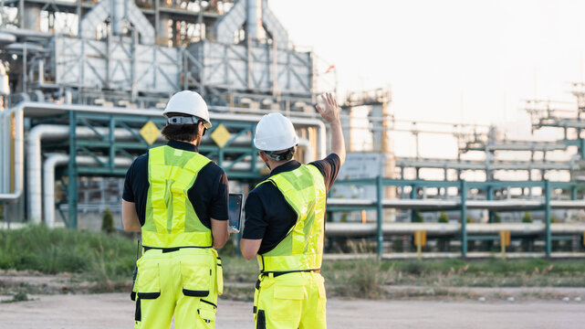 Two men in bright yellow vests and white helmets inspect large industrial plant with pipes and structures, conducting safety review and equipment assessment under clear sky, examining refinery.