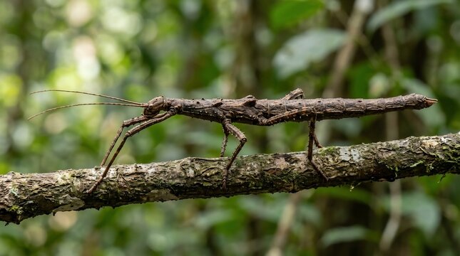 Close-up of a stick insect camouflaged on a tree branch in a lush forest.