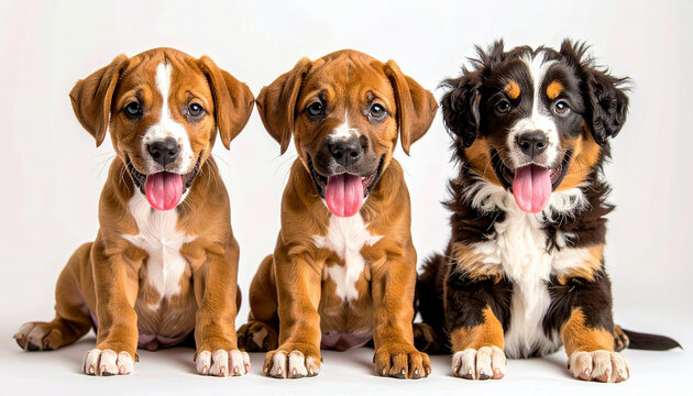 Tres mascotas cachorros de perro de diferentes razas sentados sobre fondo blanco, con expresi&oacute;n alegre y lengua fuera, para marcas de alimentaci&oacute;n animal y clinica veterinaria