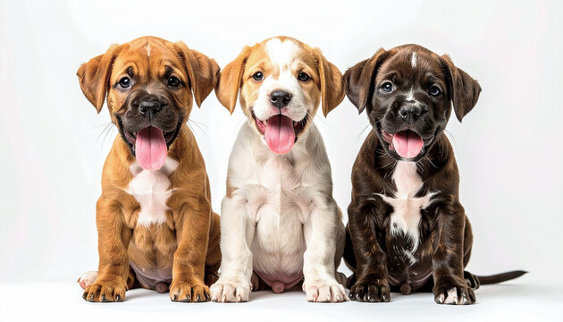 Tres mascotas cachorros de perro de diferentes razas sentados sobre fondo blanco, con expresi&oacute;n alegre y lengua fuera, para marcas de alimentaci&oacute;n animal y clinica veterinaria