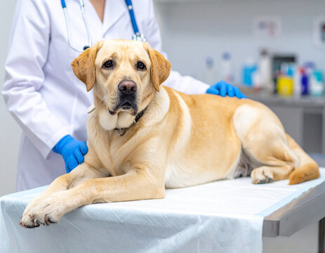 Perro labrador tumbado en consulta cl&iacute;nica veterinaria con un veterinario, concepto de salud animal, seguro de mascotas, campa&ntilde;a de salud y bienestar animal