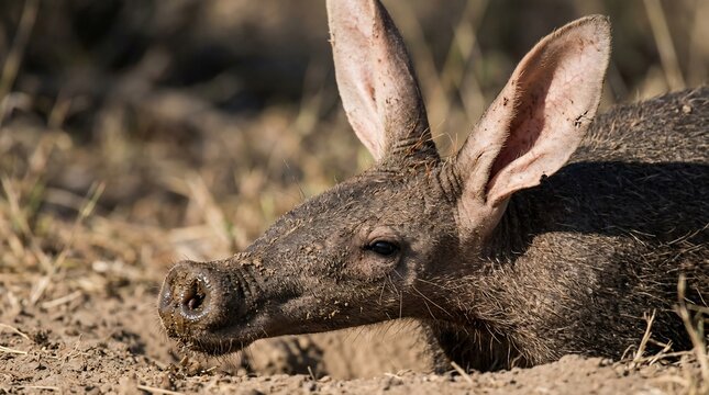 Close-up of an Aardvarks Face in its Natural Habitat.