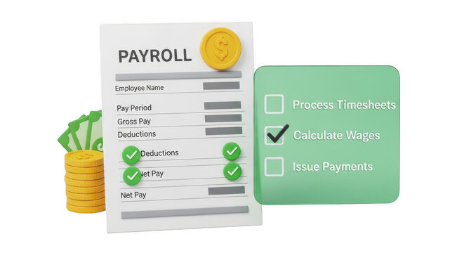 Payroll concept with checklist and coins on white background for business finance and accounting transparent background