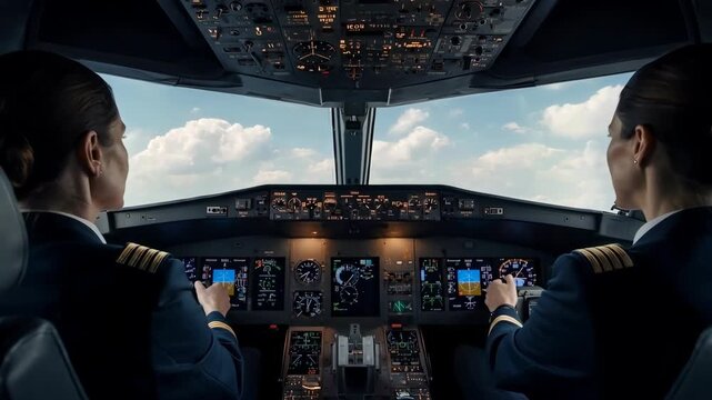 Two Female Pilots Flying Commercial Airplane Cockpit with Realistic Controls and Focused Aviation Operation