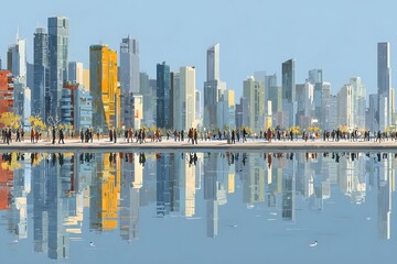 Fototapeta premium Modern city skyline dances along riverfront with pedestrians in a wide vibrant web banner view