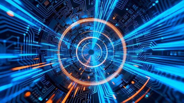 Circuit board tunnel with glowing blue and orange rings