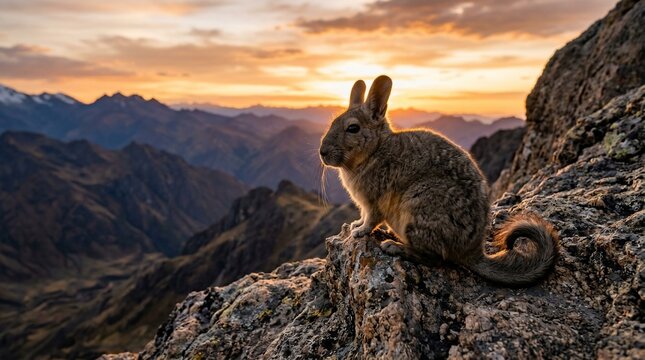 Mountain Viscacha Perched on Rocks at Sunset in the Andes Mountains.