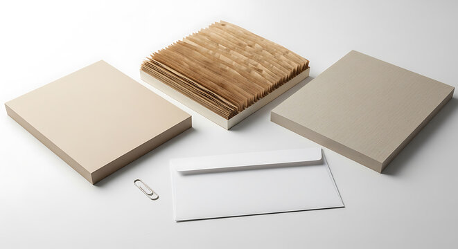 Stacked cardboard boxes and packaging materials on a white surface