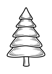 Fototapeta premium A charming hand-drawn black and white outline illustration of a classic, stylized evergreen fir tree, perfect for holiday, winter, and nature-themed designs or festive seasonal projects.