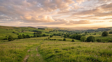 Fototapeta premium Rolling green hills under a dramatic cloud-filled sky at sunset