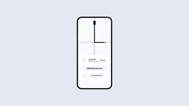 Smartphone App UI Animation of Ride Sharing Service with Map Tracking and Driver Notification Isolated on Plain Background for Tech Interface Concept 4K