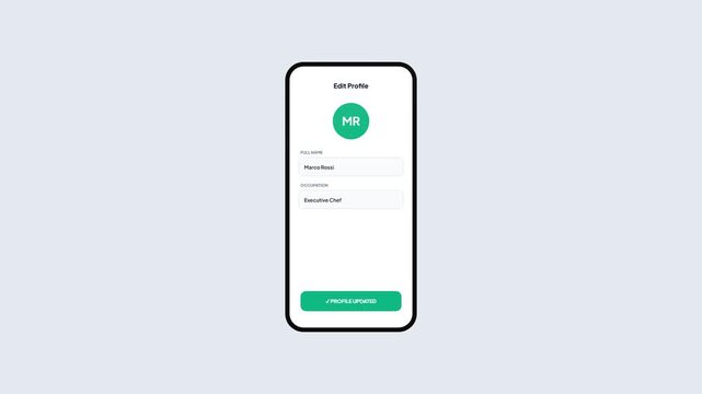Mobile App User Profile Edit Interface with Smooth Animation Transition from Save Changes Button to Profile Updated Status Isolated on Minimalist Background