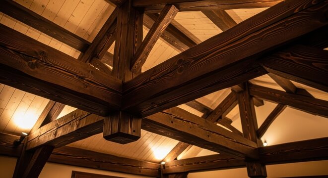 Dark stained pine beams supporting a rustic wooden ceiling structure in a traditional interior