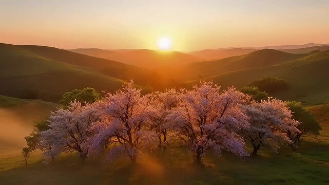 Blooming cherry blossom trees on rolling green hills at golden sunrise
