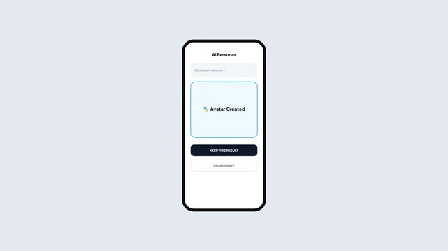 AI Avatar Generator Interface Animation with Loading Progress and Confirmation Button on Smartphone Mockup Isolated on White Background for Technology Concept