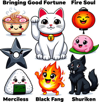 Create a realistic Japanese kawaii aesthetics - cartoon characters from culture, food and more in anime style. Translation from Japanese - maneki neko, Bringing Good Fortune, Merciless, vector art.
