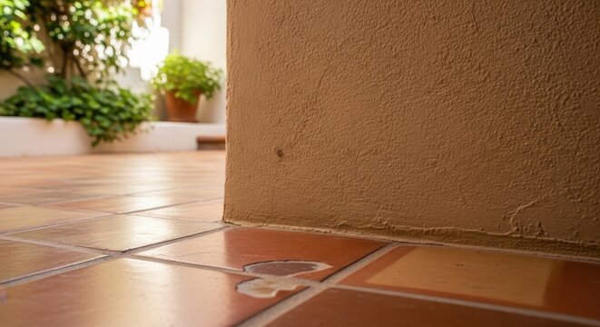 Textured sand colored stucco wall corner meeting a tiled floor with subtle reflections and a hint of plant life