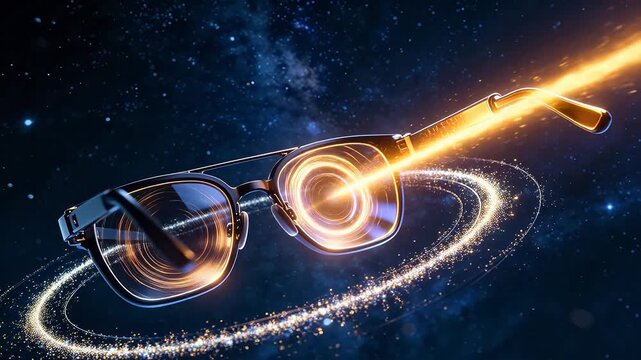 Futuristic golden glasses with glowing rings in starry universe background