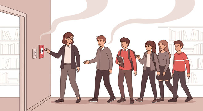 Teacher leads students out of classroom during fire drill or emergency evacuation