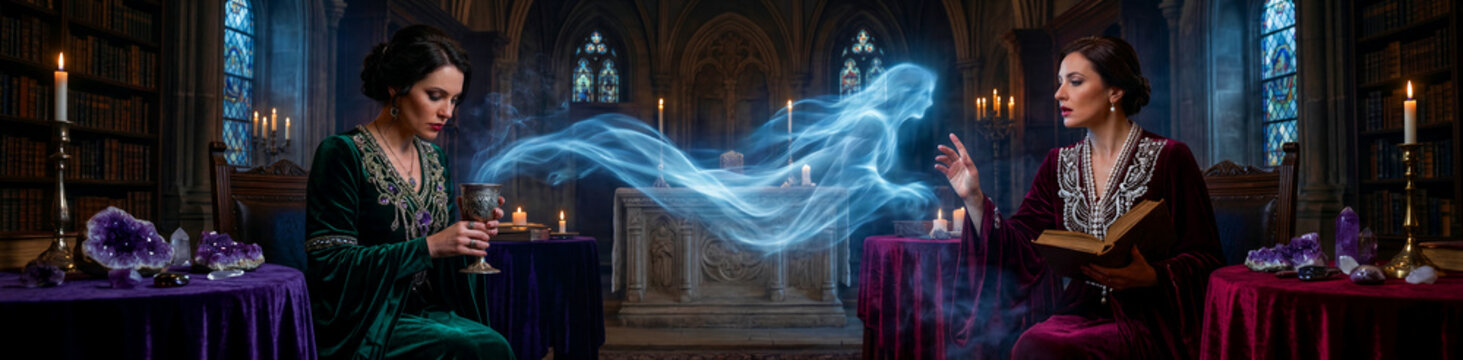 Two enchanting sorceresses, adorned in rich, ornate robes, engage in a mystical ritual, conjuring an ethereal, glowing spirit figure that manifests between them in a moment of powerful, ancient magic.