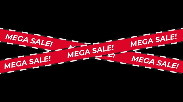 Red crossing tapes with Mega Sale text on black background, promotional banner for retail discount and marketing events.