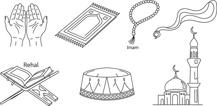 Collection of Muslim prayer and religious elements featuring minimalist line art vector icons perfect for Ramadan Eid and cultural graphic design