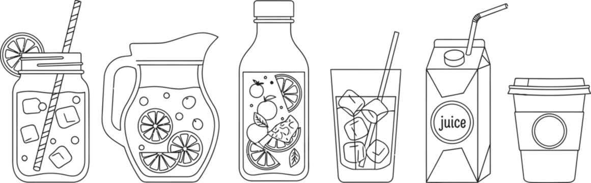 Collection of refreshing summer beverages and drink containers presented as minimalist outline vector illustrations for menu design cafe branding or healthy lifestyle concepts
