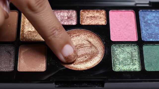 Extreme Close Up of a Finger Swatching Glittery Bronzer From a Vibrant Multicolored Makeup Palette Showing Various Shimmering Eyeshadow Shades Including Pink Blue Green and Gold Under Bright Studio