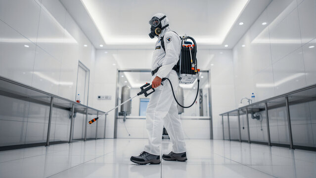 A professional decontamination specialist wearing a white protective hazmat suit with a gas mask mask and holding a handheld sprayer while equipped with a heavy backpack tank for deep cleaning and