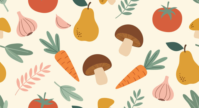 Seamless Pattern of Hand-Drawn Vegetables and Fruits Including Carrots, Tomatoes, Pears, and Mushrooms in a Rustic Flat-Design Style for Kitchen Decor