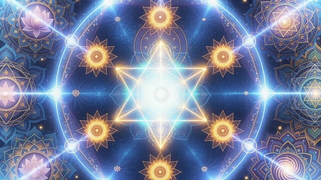 Merkabah geometry generating an intricate fractal mandala pattern, symbolizing cosmic order and spiritual enlightenment.