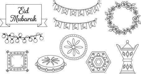 Set of hand-drawn Eid Mubarak outline elements including banners garlands and traditional decorations ideal for greeting cards invitations and festive designs © Zohaib