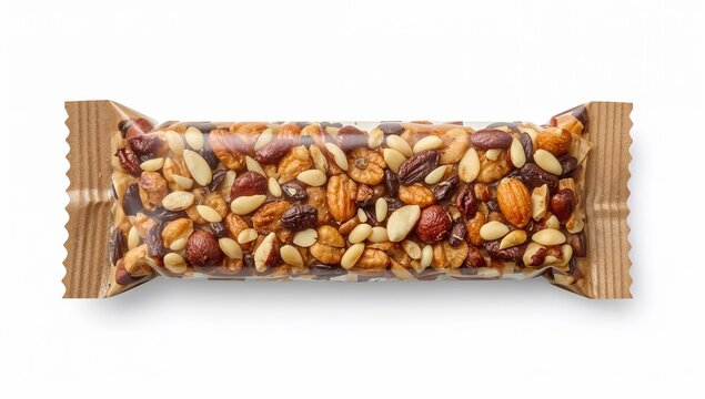 Vegan energy bar with mixed nuts and seeds in ecofriendly packaging, healthy snack, sustainable nutrition, plantbased protein
