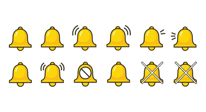 Modern vector graphic illustration showcasing a comprehensive set of diverse notification bell icons and symbols