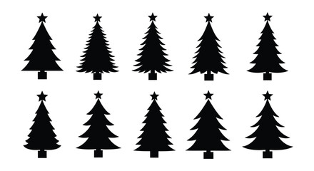 Fototapeta premium Collection of black vector graphic silhouettes representing various pine tree shapes for festive holiday design