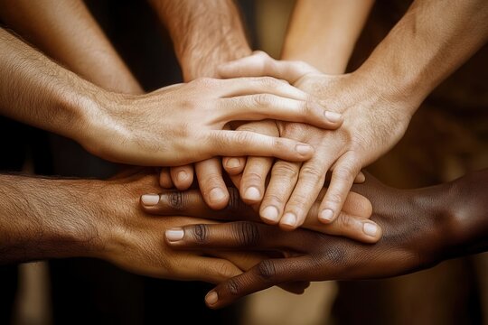 close-up of multiple hands of different skin tones stacked together in a supportive gesture conveying unity solidarity and trust