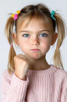 child with blonde pigtails and colorful hair ties in a pink knit sweater making a determined fist near the chin
