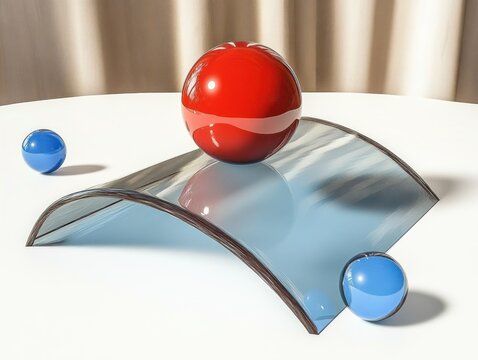 red glossy sphere balanced on a curved glass sheet with two small blue spheres on a white table, soft curtain backdrop, serene minimalist composition