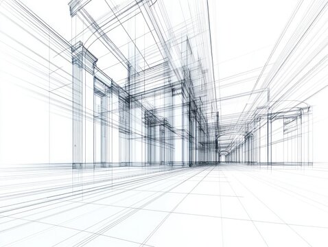 wireframe architectural corridor with classical columns and arches, tiled floor grid and converging perspective lines conveying precise futuristic calm