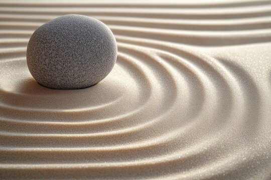 smooth gray stone on raked sand with concentric ripples, evoking calm meditative serenity