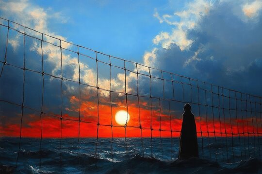 solitary cloaked figure standing in choppy ocean beside a stretched net at a fiery sunset under dramatic clouds, evoking solitude and wistful melancholy