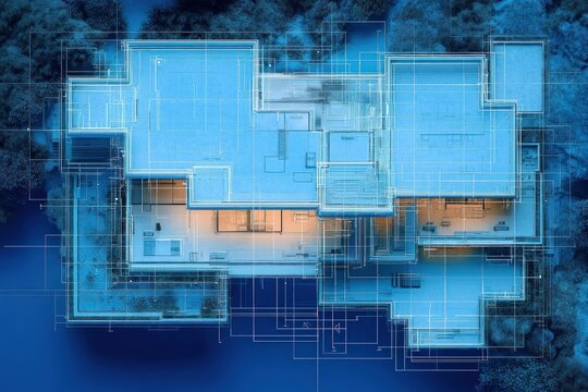 aerial top-down view of a modern flat-roof house with blueprint wireframe overlay, warm interior glow through windows, surrounded by trees, precise technical lines and serene futuristic mood