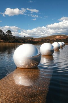 mirrored silver spheres lined on a shallow lake walkway amid rolling hills, trees and blue sky with clouds, evoking a calm, reflective and surreal atmosphere
