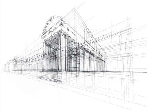 Monochrome architectural wireframe of a classical colonnaded building with steps, arched pediment and detailed capitals, precise perspective lines conveying a technical, visionary mood