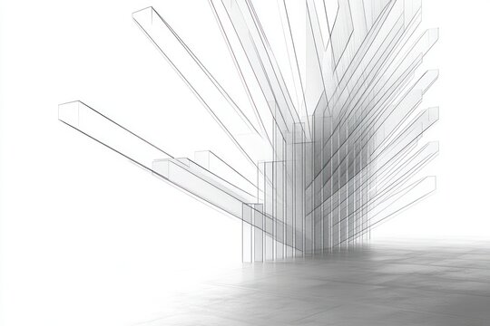 Minimalist translucent wireframe rectangular beams radiating from clustered vertical columns above a reflective tiled floor, creating a serene, futuristic and soaring atmosphere