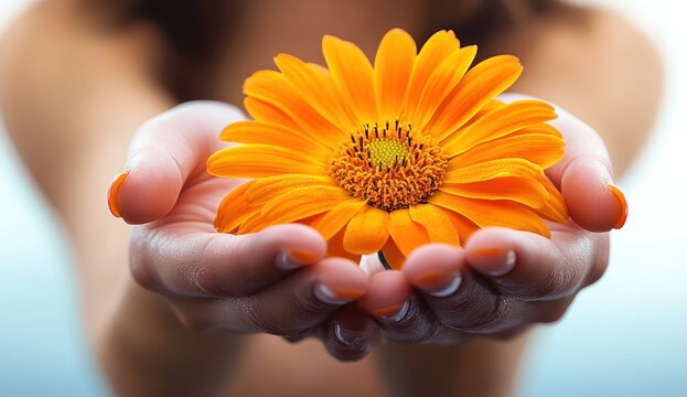 two cupped hands offering a vibrant orange daisy with matching manicured nails against a soft blurred background, conveying warmth, tenderness and a gentle gift