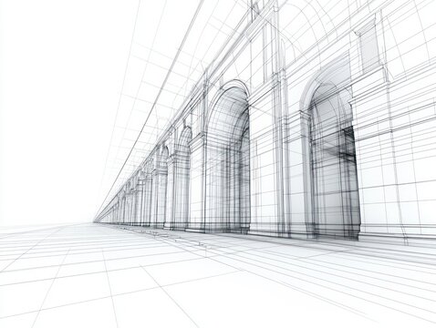 Wireframe perspective of a long arched colonnade with repetitive columns and tiled floor conveying calm precision and architectural depth