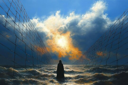 solitary cloaked figure standing in turbulent ocean between two converging nets under a dramatic sunlit sky, evoking isolation and awe